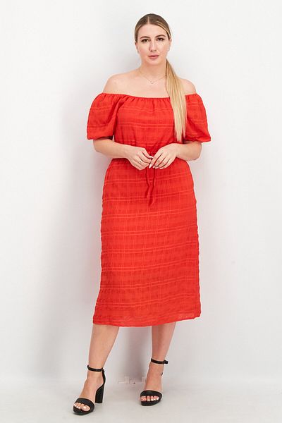 French Connection Women Off Shoulder Textured Midi Dress, Red