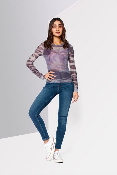 Diesel Women Crew Neck Long Sleeves Tie-dye Top, Grey