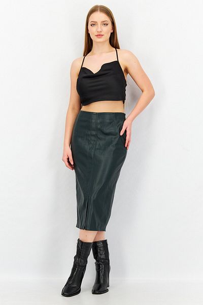 Esprit Women Solid Leather Midi Skirt, Dark Olive