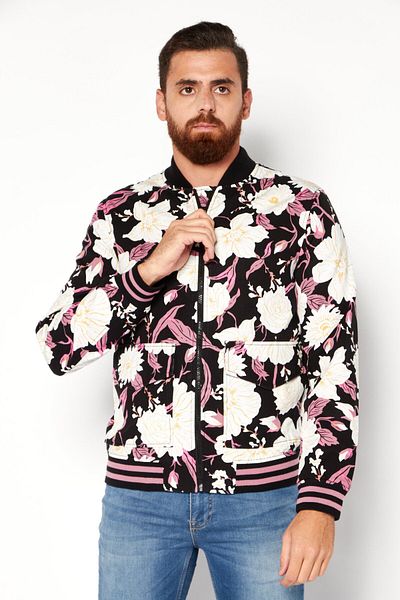 INC Men Floral Print Bomber Jacket, Black Combo