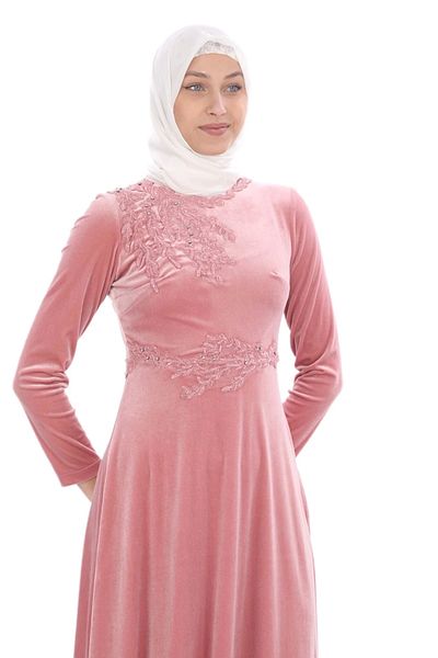 lodmela Powder Colored Velvet Hijab Evening Dress with Applique Detail, Model 694