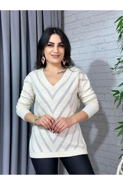 Aysel Boutiquee White Glitter Stripe V-Neck Knitwear Sweater