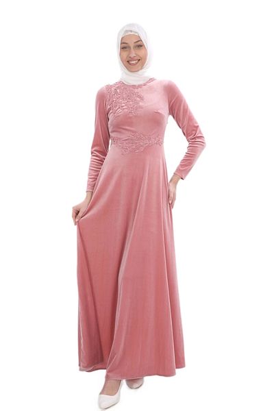 lodmela Powder Colored Velvet Hijab Evening Dress with Applique Detail, Model 694