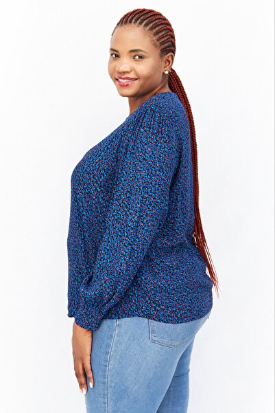 Esprit Women Round Neck Long Sleeve Allover Print Top, Blue Combo