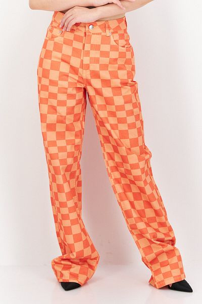 NA-KD Women Regular Fit Checkered Board Denim, Orange