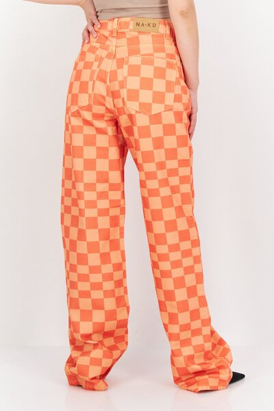 NA-KD Women Regular Fit Checkered Board Denim, Orange