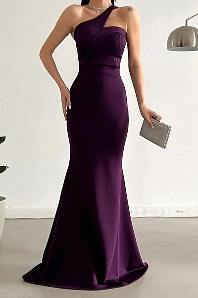 WOMAN VISION Rochie Maxi Scuba Plum cu guler asimetric - 582211