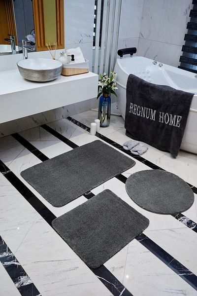 Regnum Halı Bath Mat Triple Set Anthracite Color Plush Non-Slip Base Washable 60x100 - 60x40 - 60x60