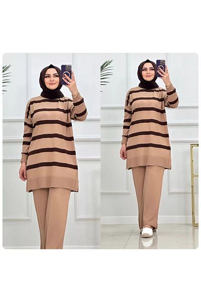asyadabutik Set de tricotaje Hijab cu fante cu tunică în dungi