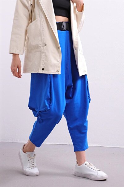 Şaman Butik Saks Mavisi Ağı Düşük Kemer Detay Şalvar Pantolon