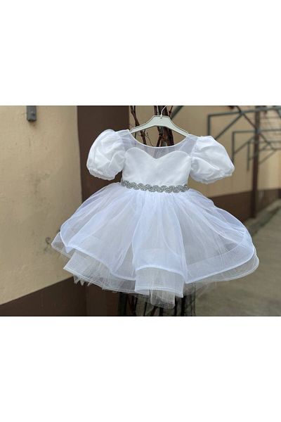 Sare Çocuk Giyim Silver Stone Sweetheart Neckline Girl's White Puffy Princess Sultan Evening Dress