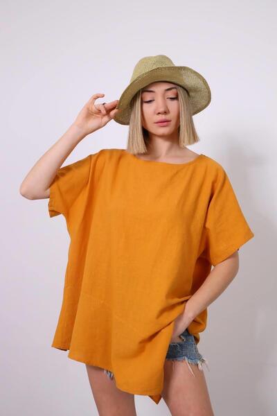 Şaman Butik Hardal Rengi Asimetrik Keten Bluz