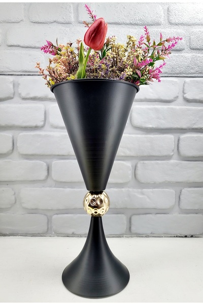 Decodelight Modern Dekoratif Siyah Yüksek Ayaklı Gold Dövmeli Toplu  Büyük Uzun Vazo Masa Üstü Aksesuar Dekor