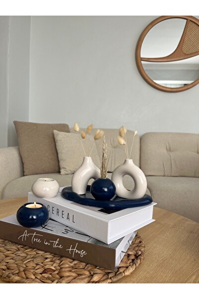 ELASİBEL HOME Lacivert Minimal Vazo, Seti Tealight Mumluklu 6 Parça Set