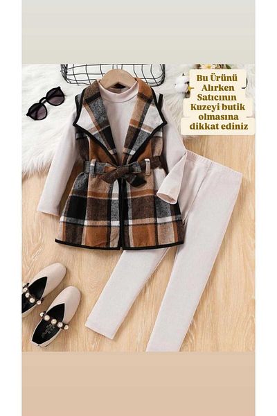 Kuzeyi Butik Girl's Plaid Vest and Belted Leggings Badi - 3-Piece Lumberjack Style Holiday Set