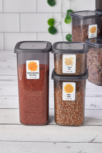 Home Eva 16-Piece 32-Piece Square Storage Set - Food and Pulses (0.30-0.50-1.10-1.70 Lt) with Labels