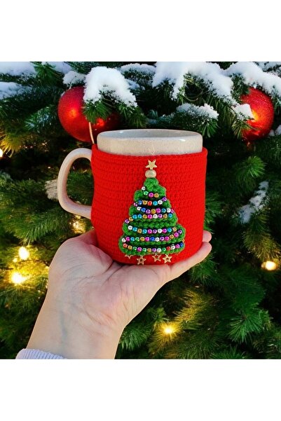 PİTAYA SANAT Yılbaşı Çam Ağaçlı El Örgüsü Kupa/Bardak Kılıfı ve Seramik Kupa