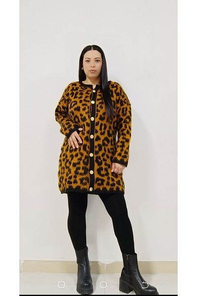 AKŞEN GİYİM Leopard Patterned Gold Button Wool Effect 80 cm Cardigan Suitable with Large Size Saw