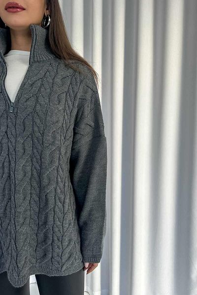 Mine Tan Butik Pulover de damă din tricot cu fermoar gri