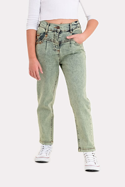 GİYİCEM TEKSTİL Kız Çocuk Korsaj Pileli Kot Pantolon 2144