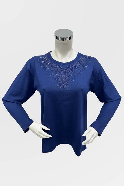 Ravencia Μπλούζα με χτενισμένη βαμβακερή βισκόζη Indigo με λεπτομέρειες από πέτρα