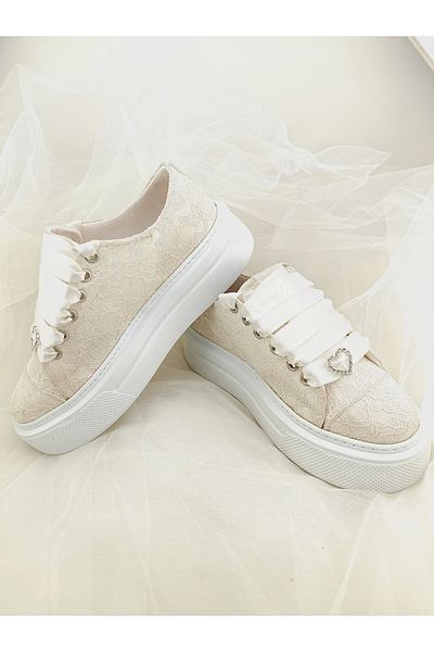 Ayakkabı Tutkusu Stilo ® Ivory Color Satin Lace up Bridal Sneakers for Brides Very Comfortable