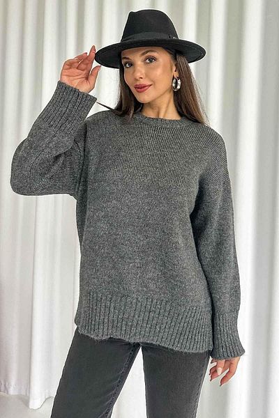 Mine Tan Butik Pulover de damă moale cu gât crew - antracit