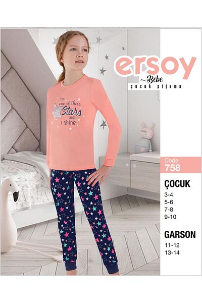 Ersoy Çocuk Giyim Girls' Sleepwear Set with Long Sleeve Cotton Crew Neck