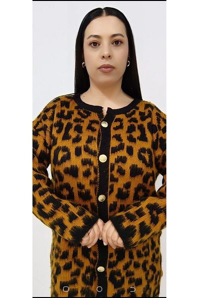 AKŞEN GİYİM Leopard Patterned Gold Button Wool Effect 80 cm Cardigan Suitable with Large Size Saw