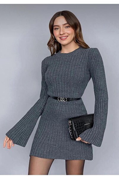 LUSHİGO Lushigo12 - Μίνι Πλεκτό Φόρεμα Ανθρακί, Λαιμόκοψη Ποδηλάτου, Χειμεριν...