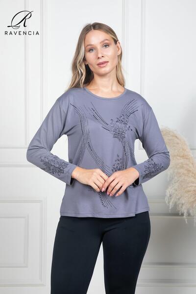 Ravencia Women's Middle-Aged and Above Covered Floral Print Stone Embroidered Lycra Gray Mother's Combed Cotton Blouse