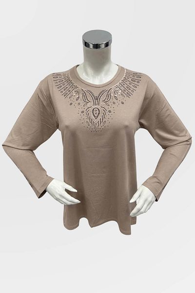 Ravencia Beige Large Size Viscose Combed Cotton Blouse with Stone Detail