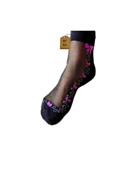 ENEFENDİ Лилави чорапи с флорален мотив от тюл, памук и еластан - къс маншет, удобни и еластични 36-40