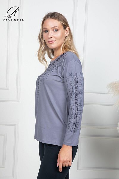 Ravencia Gray Floral Print Rhinestone Lycra Viscose Mother Combed Cotton Blouse for Middle-Aged and up