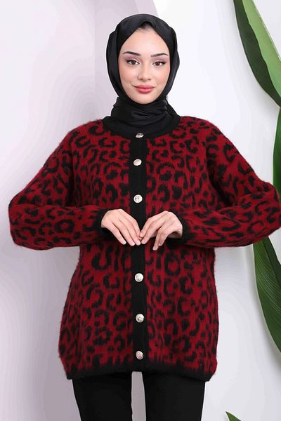 AVSARWEAR Women's Crew Neck Leopard Patterned Brown Wool Cardigan