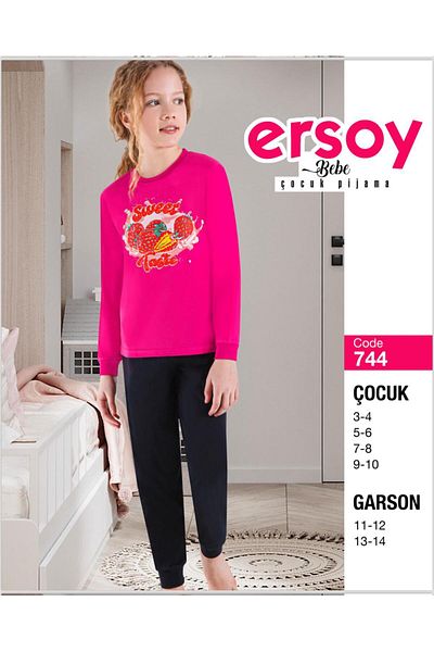Ersoy Çocuk Giyim Girls' Long Sleeve Cotton Strawberry Pajamas Set