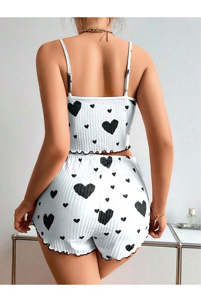 MİSS MELLY Black Heart Patterned Combed Shorts Suit with String