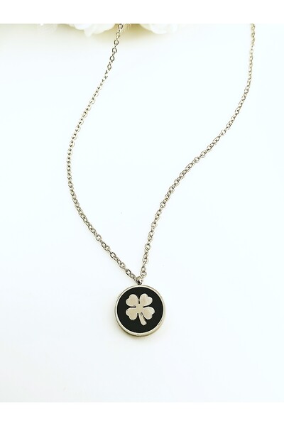 stainless steell Gümüş Renk Paslanmaz Çelik Siyah Zemin Dört Yapraklı Yonca K...