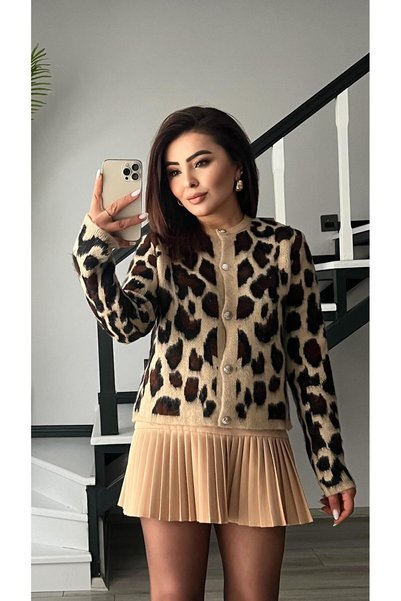 Oslove Leopar Desen Şardonlu Hırka