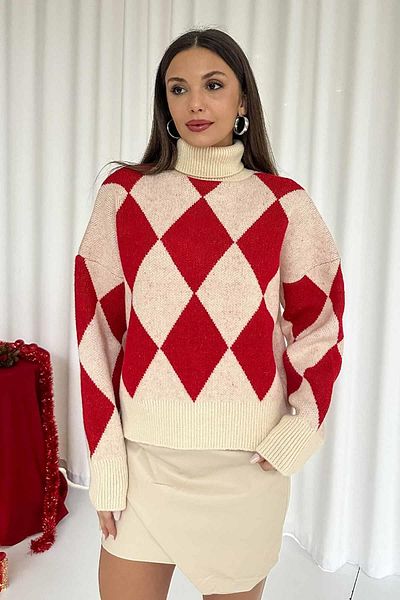 Mine Tan Butik Pulover cu gât roșu cu model Argyle - roșu