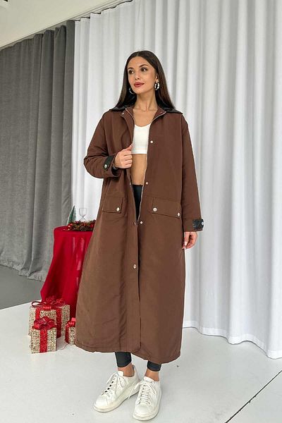 Mine Tan Butik Дълго дамско ватирано палто Premium - Кожена яка, Кафяво
