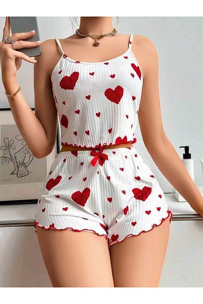 MİSS MELLY Red Heart Patterned Combed Shorts Suit with String
