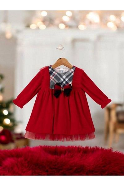 Zekids Baby Girl Plaid Patterned Red Velvet Designer Dress