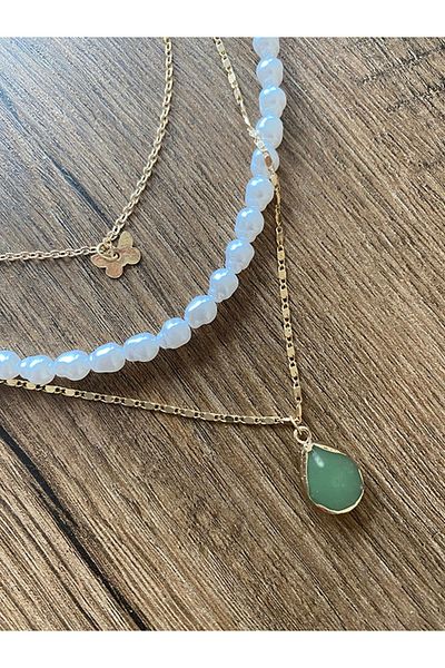 Store Green Stone Artificial Pearl 3 Layer Style Necklace