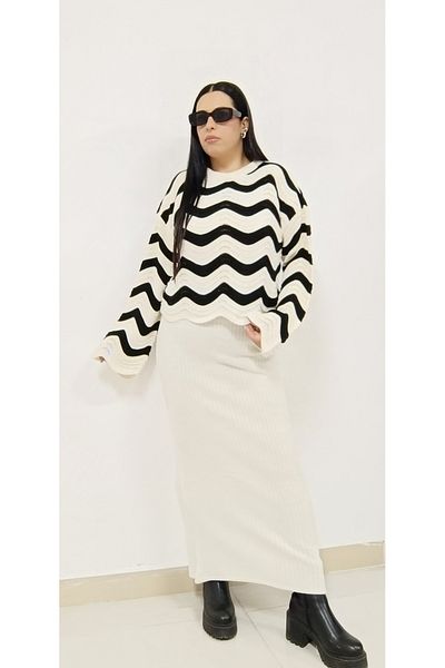 AKŞEN GİYİM Women's Zigzag Print Sweater and Sleeveless Dress - 38-44 Sizes Knitwear Set