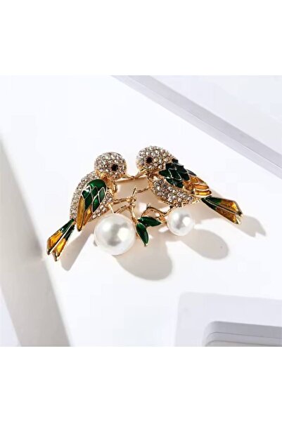 ESJ İnci Detay Çift Serçe Kadın Broş Ebat: 4*5,5 Cm