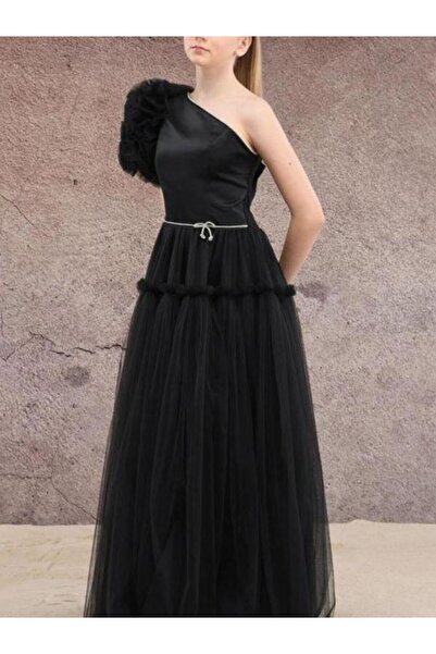 Porça Kız Çocuk Tek Omuz Detaylı Taşlı Uzun Tüllü Abiye