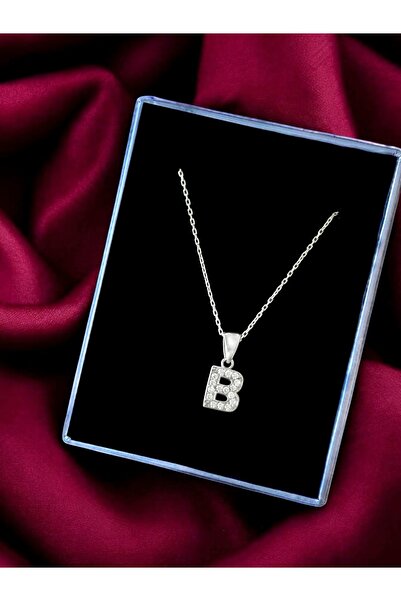 Alaja Silver B Harfi Beyaz Taşlı Tasarım Parlak 926 Ayar Gümüş Kolye