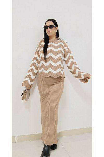 AKŞEN GİYİM Women's Zigzag Print Sweater and Sleeveless Dress - 38-44 Sizes Knitwear Set