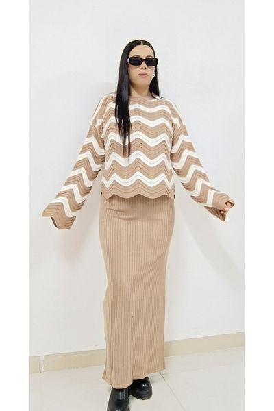 AKŞEN GİYİM Women's Zigzag Print Sweater and Sleeveless Dress - 38-44 Sizes Knitwear Set